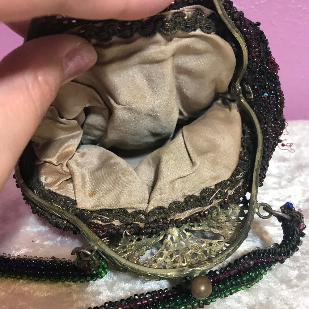 Vintage Beaded Womans Purse GUC Floral Retro Handmade Flowers Wristlet Bag Clasp - Picture 7 of 11